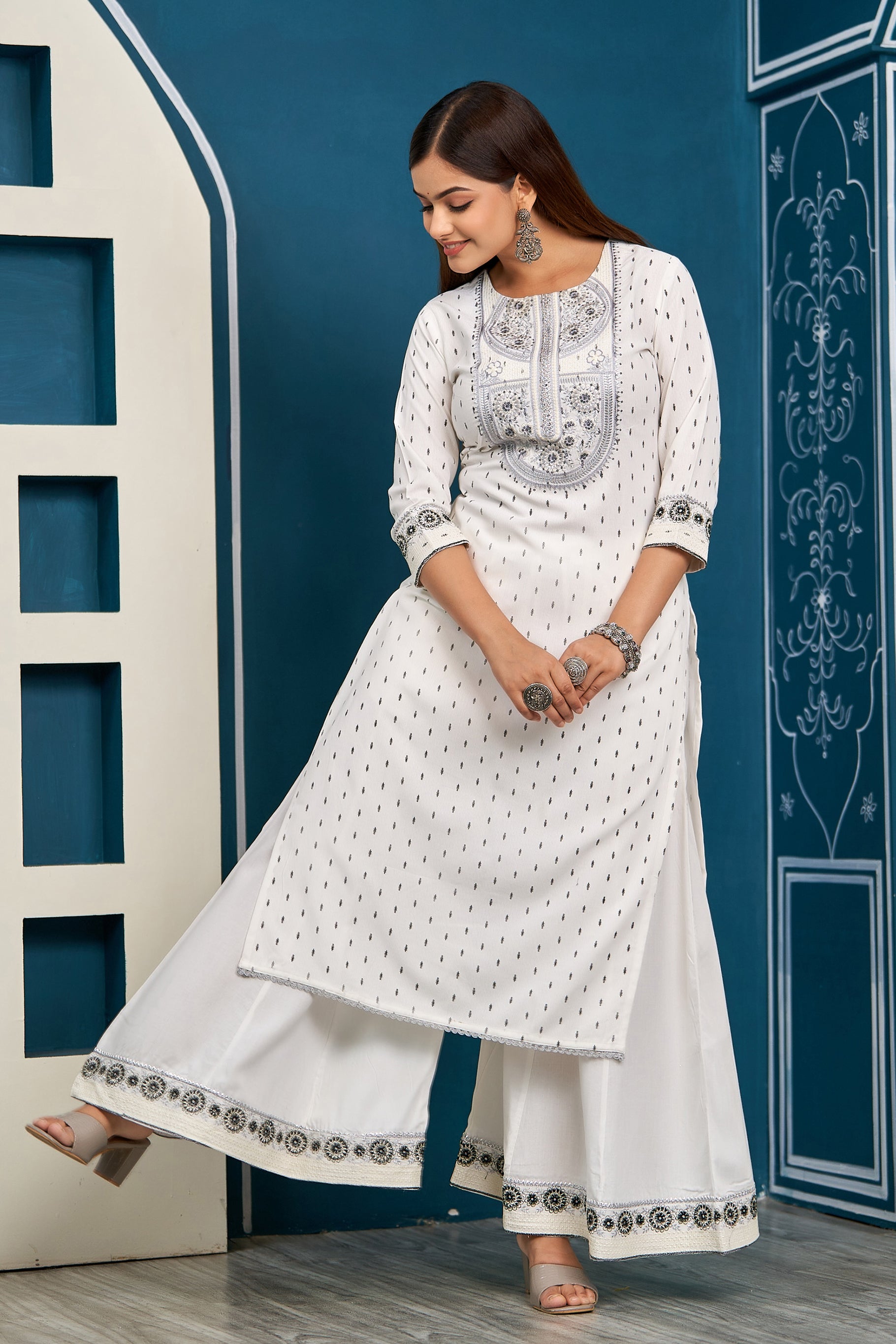 Embroidery Net White Kurti Palazzo Set, Straight at Rs 1300/set in Surat